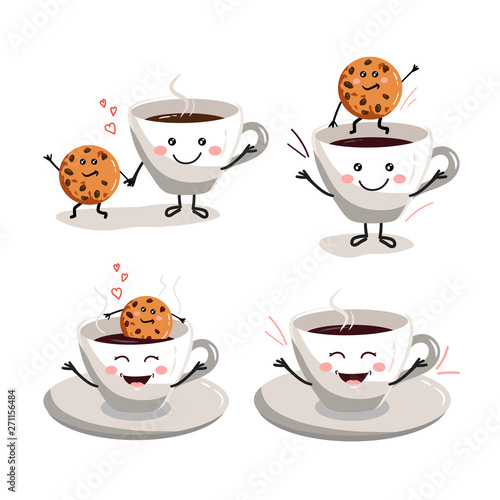 Cute cup of coffee and cookies. Vector cartoon illustration. Restaurant coffee badge, cafe barista menu.