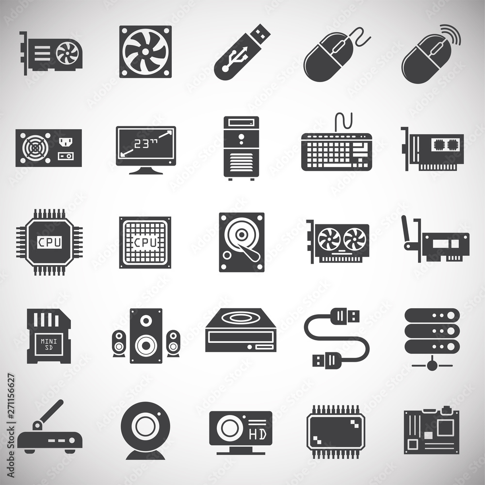 Computer hardware icons set on background for graphic and web design. Simple illustration. Internet concept symbol for website button or mobile app. Computer hardware icons set on background for graphic and web design. Simple illustration. Internet concept symbol for website button or mobile app.