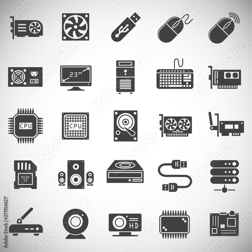 Computer hardware icons set on background for graphic and web design. Simple illustration. Internet concept symbol for website button or mobile app.