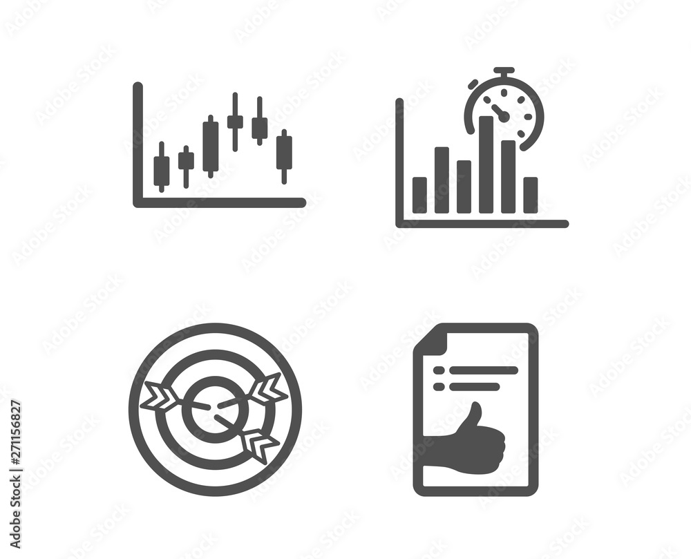 Set of Candlestick graph, Targeting and Report timer icons. Approved document sign. Finance chart, Target with arrows, Growth chart. Like symbol. Classic design candlestick graph icon. Flat design Set of Candlestick graph, Targeting and Report timer icons. Approved document sign. Finance chart, Target with arrows, Growth chart. Like symbol. Classic design candlestick graph icon. Flat design