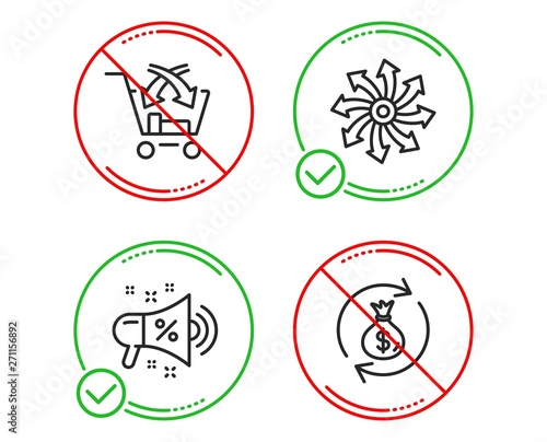 Do or Stop. Sale megaphone, Cross sell and Versatile icons simple set. Money exchange sign. Shopping, Market retail, Multifunction. Cash in bag. Finance set. Line sale megaphone do icon. Vector
