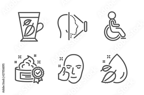 Disabled, Healthy face and Mint leaves icons simple set. Face id, Cream and Water drop signs. Handicapped wheelchair, Healthy cosmetics. Medical set. Line disabled icon. Editable stroke. Vector