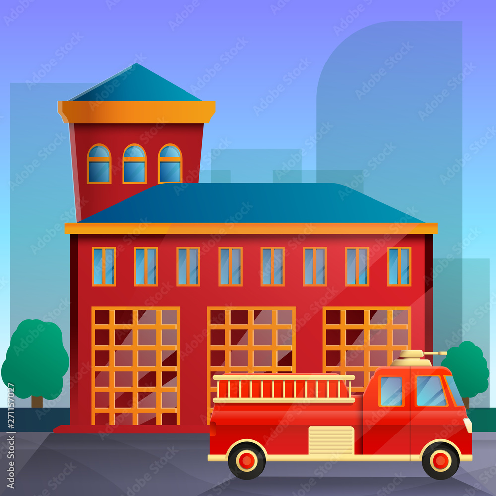 cartoon fire station and fire truck on the background of the city, vector illustration