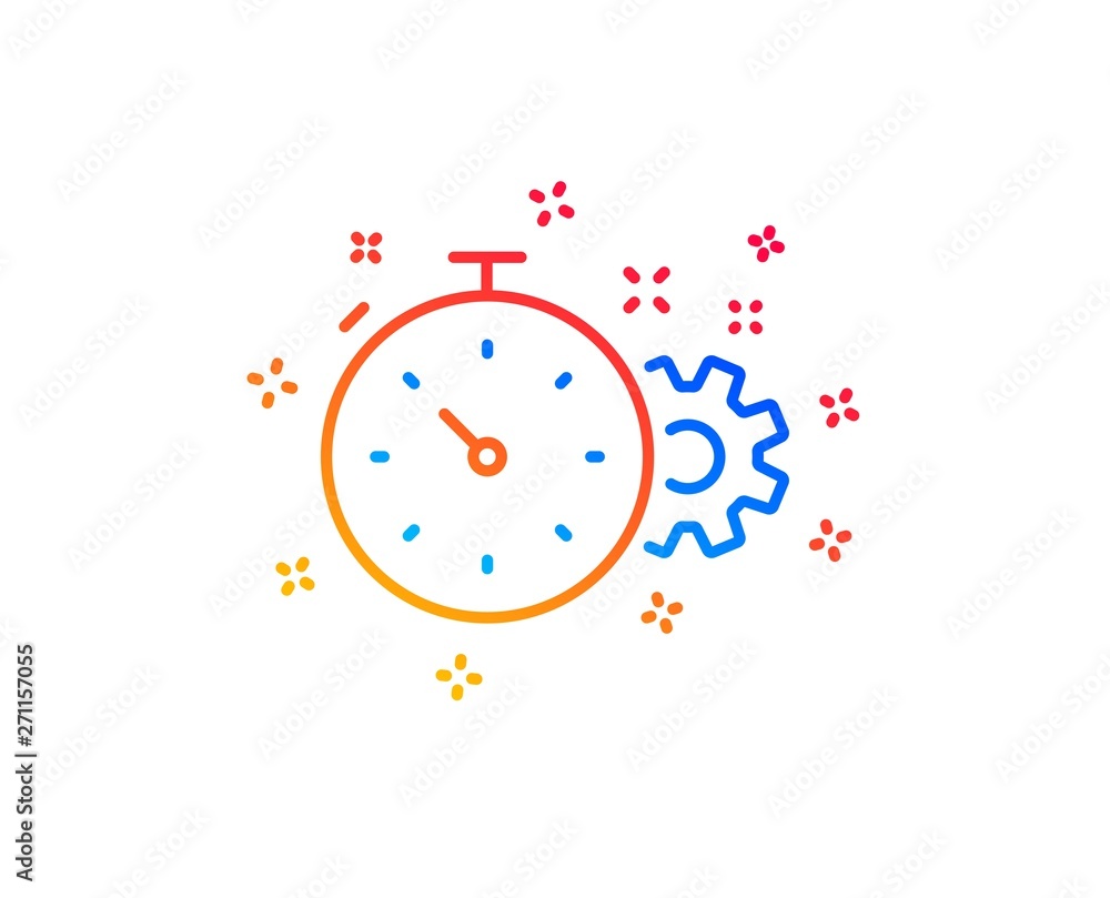 Cogwheel with timer line icon. Engineering tool sign. Cog gear symbol. Gradient design elements. Linear cogwheel timer icon. Random shapes. Vector Cogwheel with timer line icon. Engineering tool sign. Cog gear symbol. Gradient design elements. Linear cogwheel timer icon. Random shapes. Vector