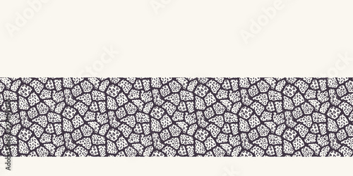 Seamless vector border pattern. Intricate organic hand drawn mosaic. Repeating geo tileable edging background. Ornamental stylized rounded shape pebbles. Monochrome surface design textile ribbon trim