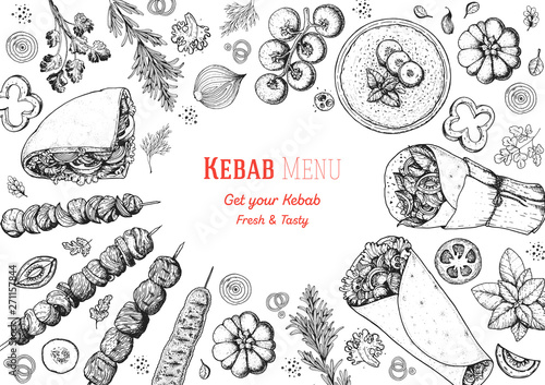 Doner kebab and ingredients for kebab, sketch illustration. Arabic cuisine frame. Fast food menu design elements. Shawarma hand drawn frame. Middle eastern food.