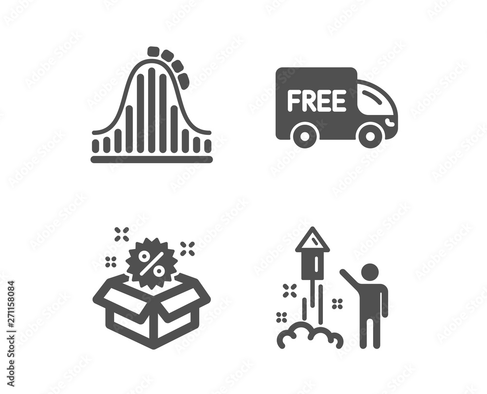 Set of Free delivery, Sale and Roller coaster icons. Fireworks sign. Shopping truck, Discount, Attraction park. Party pyrotechnic.  Classic design free delivery icon. Flat design. Vector