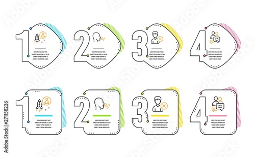 Remove account, Startup and Breathing exercise icons simple set. Communication sign. Delete user, Developer, Breath. Business messages. People set. Infographic timeline. Line remove account icon