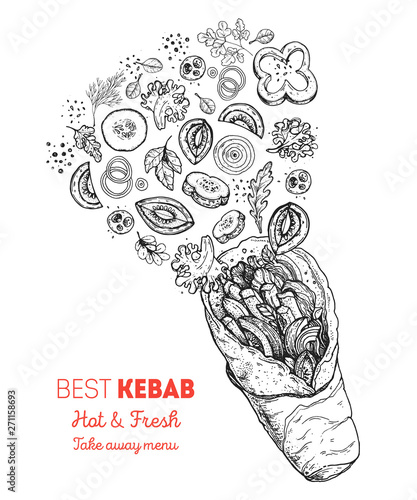 Doner kebab and ingredients for kebab, sketch illustration. Flying salad concept. Arabic cuisine frame. Fast food menu design elements. Shawarma hand drawn. Middle eastern food.