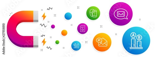 Magnet attracting. New mail, Messenger and Growth chart icons simple set. Upload file, Face biometrics and Ab testing signs. Received e-mail, New message. Technology set. Line new mail icon. Vector