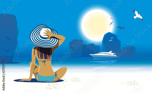 Young pretty woman in hat sitting on the beach and looking at sea and motor boat.