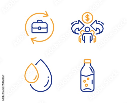 Human resources, Oil drop and Sharing economy icons simple set. Water bottle sign. Job recruitment, Serum, Share. Soda drink. Linear human resources icon. Colorful design set. Vector