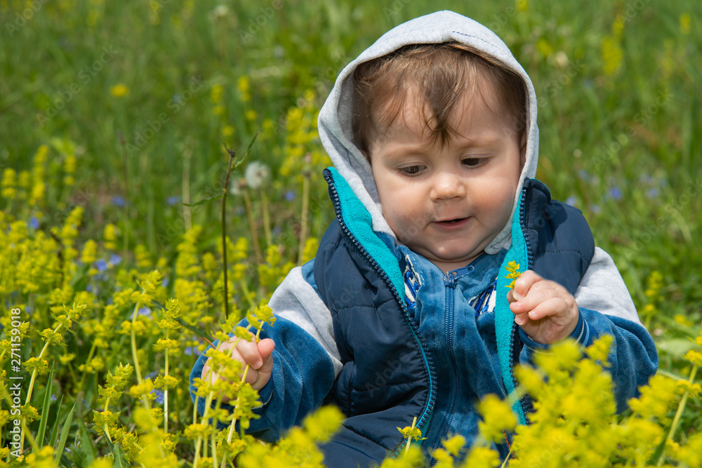 The baby boy with hood sits in the nature and plays with the grass The baby boy with hood sits in the nature and plays with the grass