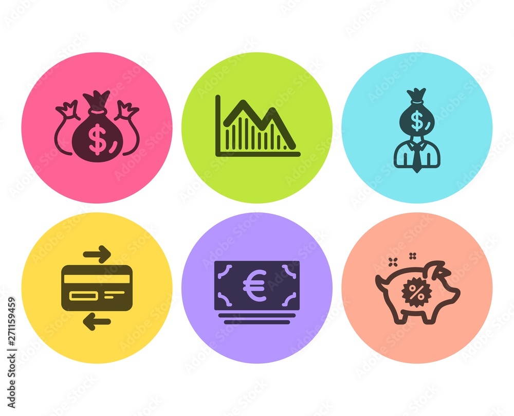 Credit card, Manager and Investment graph icons simple set. Check investment, Euro currency and Piggy sale signs. Bank payment, Work profit. Finance set. Flat credit card icon. Circle button. Vector Credit card, Manager and Investment graph icons simple set. Check investment, Euro currency and Piggy sale signs. Bank payment, Work profit. Finance set. Flat credit card icon. Circle button. Vector
