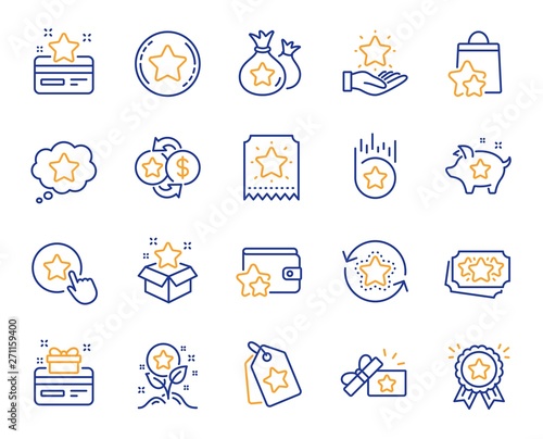 Loyalty program line icons. Bonus card, Redeem gift and discount coupon signs. Lottery ticket, Earn reward and winner gift icons. Shopping bag, loyalty card and lottery present. Vector