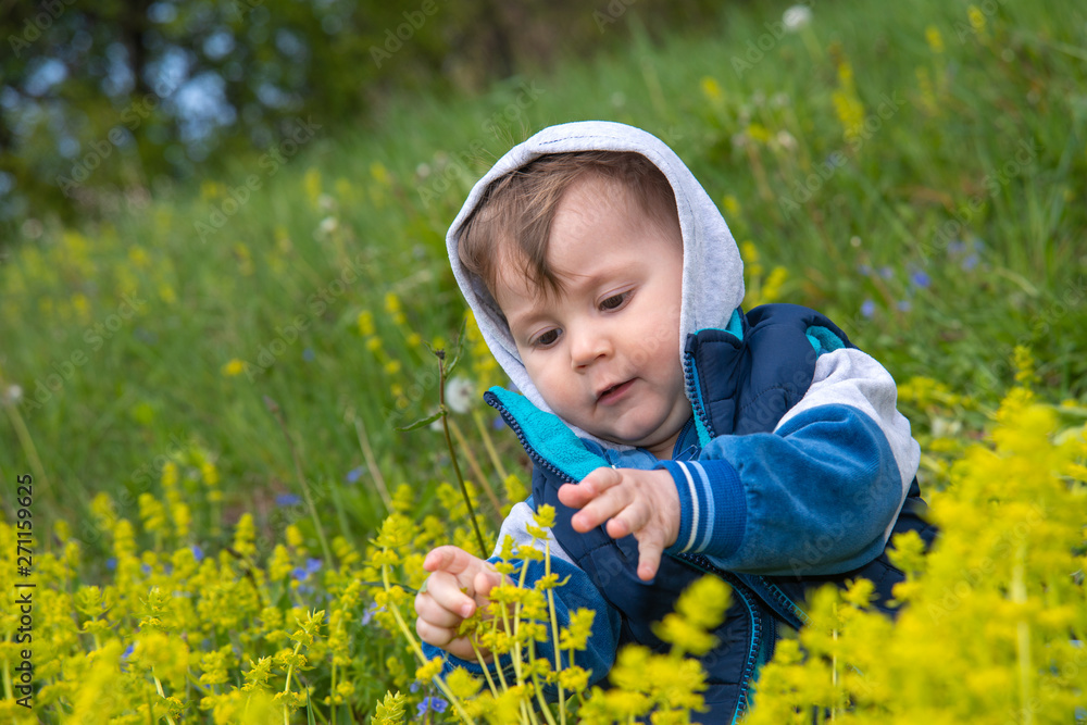 The baby boy with hood sits in the nature and plays with the grass The baby boy with hood sits in the nature and plays with the grass