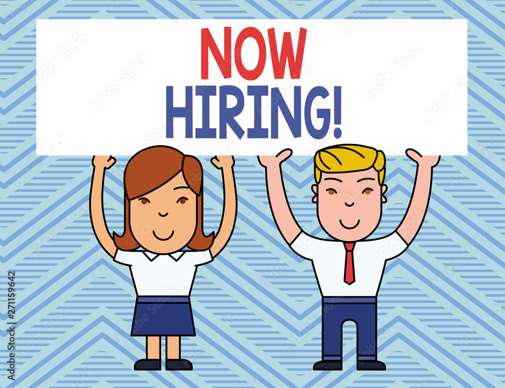 Text sign showing Now Hiring. Business photo showcasing finding evaluating working relationship with future employees Two Smiling People Holding Big Blank Poster Board Overhead with Both Hands Text sign showing Now Hiring. Business photo showcasing finding evaluating working relationship with future employees Two Smiling People Holding Big Blank Poster Board Overhead with Both Hands