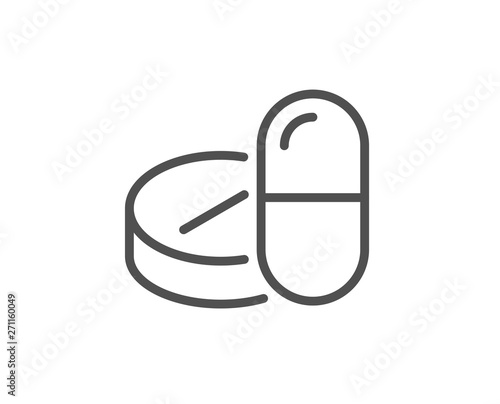 Medical drugs line icon. Medicine pills sign. Pharmacy medication symbol. Quality design element. Linear style medical drugs icon. Editable stroke. Vector