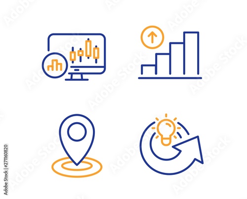 Candlestick chart, Graph chart and Location icons simple set. Share idea sign. Report analysis, Growth report, Map pointer. Solution. Science set. Linear candlestick chart icon. Colorful design set