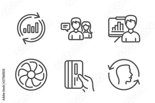 Fan engine, Payment card and Update data icons simple set. Presentation board, People talking and Face id signs. Ventilator, Credit card. Technology set. Line fan engine icon. Editable stroke. Vector