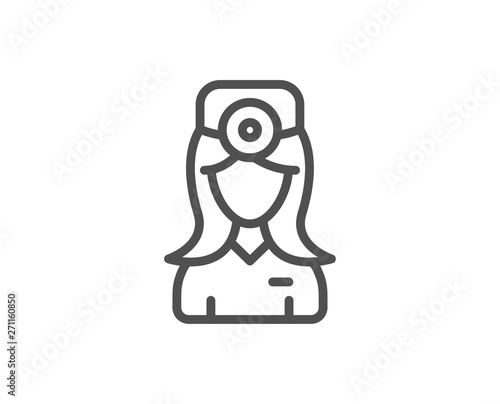 Oculist doctor line icon. Health eye sign. Optometry clinic symbol. Quality design element. Linear style oculist doctor icon. Editable stroke. Vector