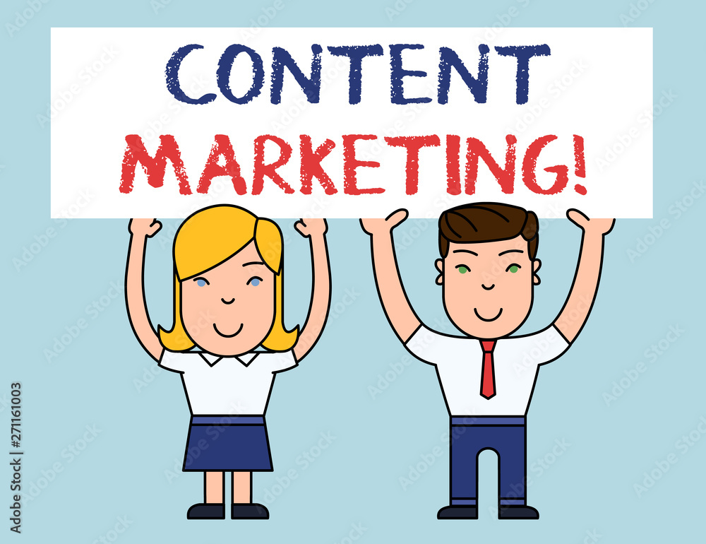Writing note showing Content Marketing. Business concept for involves the creation and sharing of online material Two Smiling People Holding Poster Board Overhead with Hands Writing note showing Content Marketing. Business concept for involves the creation and sharing of online material Two Smiling People Holding Poster Board Overhead with Hands