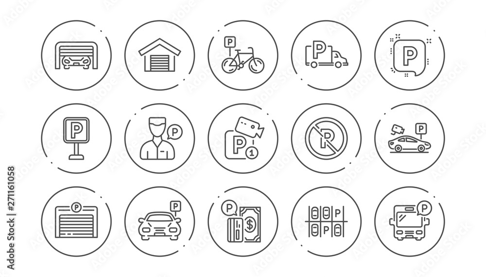 Parking line icons. Garage, Valet servant and Paid parking. Car transport park place linear icon set. Line buttons with icon. Editable stroke. Vector Parking line icons. Garage, Valet servant and Paid parking. Car transport park place linear icon set. Line buttons with icon. Editable stroke. Vector