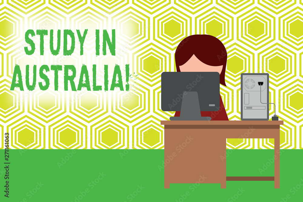 Text sign showing Study In Australia. Business photo showcasing going into foreign country order complete your studies Young female working office sitting desktop computer office monitor photo Text sign showing Study In Australia. Business photo showcasing going into foreign country order complete your studies Young female working office sitting desktop computer office monitor photo
