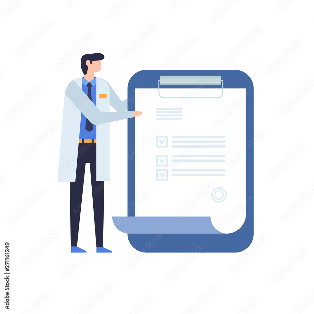 A doctor in a white coat shows a prescription on a tablet. The concept of treatment and examination in medicine. Vector illustration on white isolated background. A doctor in a white coat shows a prescription on a tablet. The concept of treatment and examination in medicine. Vector illustration on white isolated background.
