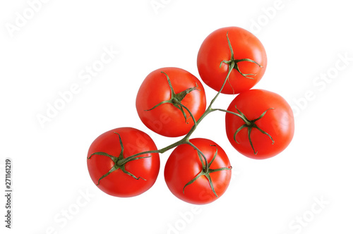 Five red tomatoes on a branch. White isolate. View from above.