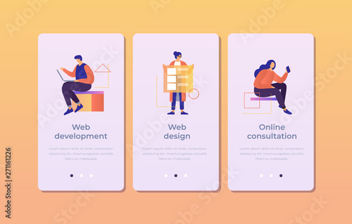 Set of onboarding screens for mobile apps. Banners with people working in web development, design, online consultation.  Mobile UI UX app interface template. Vector illustration.