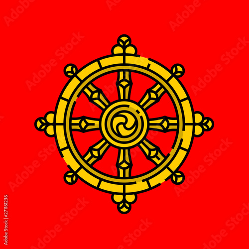 Dharma Wheel symbol. Gold Buddhism religion sign of Dharmachakra line icon isolated on red background. Vector illustration.