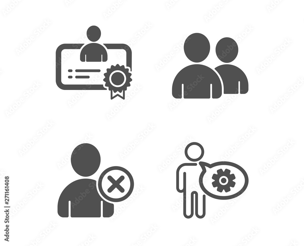 Set of Delete user, Certificate and Users icons. Cogwheel sign. Remove profile, Best employee, Couple of people. Engineering tool. Classic design delete user icon. Flat design. Vector Set of Delete user, Certificate and Users icons. Cogwheel sign. Remove profile, Best employee, Couple of people. Engineering tool. Classic design delete user icon. Flat design. Vector