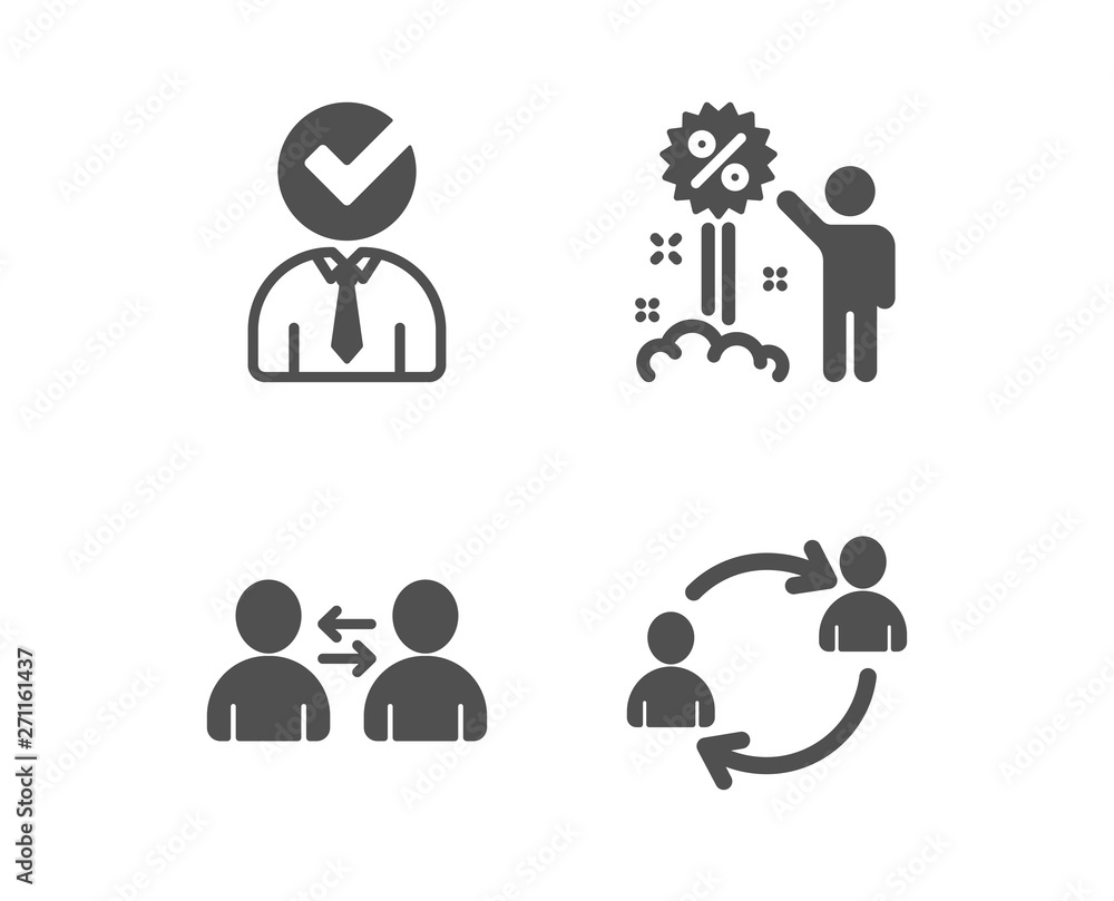 Set of Communication, Vacancy and Discount icons. User communication sign. Users talking, Businessman concept, Sale shopping. Human resources. Classic design communication icon. Flat design. Vector Set of Communication, Vacancy and Discount icons. User communication sign. Users talking, Businessman concept, Sale shopping. Human resources. Classic design communication icon. Flat design. Vector