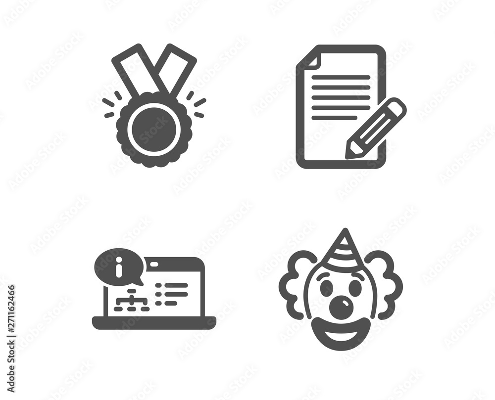 Set of Article, Honor and Online documentation icons. Clown sign. Feedback, Medal, Web engineering. Funny performance. Classic design article icon. Flat design. Vector Set of Article, Honor and Online documentation icons. Clown sign. Feedback, Medal, Web engineering. Funny performance. Classic design article icon. Flat design. Vector
