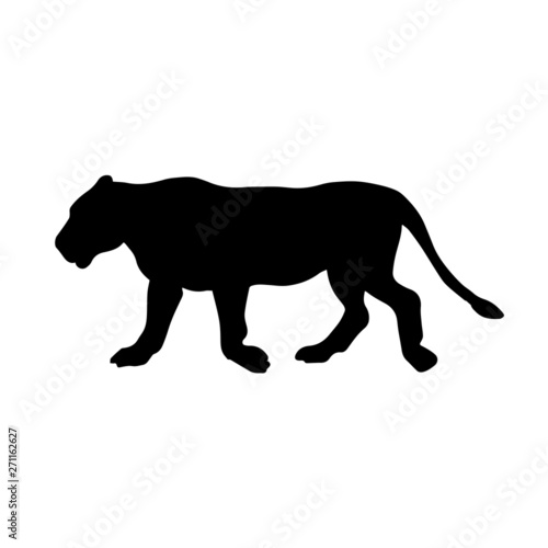 Vector flat black silhouette of female lion isolated on white background 