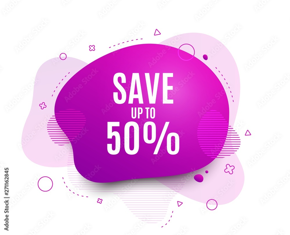 Fluid badge. Save up to 50%. Discount Sale offer price sign. Special offer symbol. Abstract shape. Color gradient sale banner. Flyer liquid design. Vector Fluid badge. Save up to 50%. Discount Sale offer price sign. Special offer symbol. Abstract shape. Color gradient sale banner. Flyer liquid design. Vector