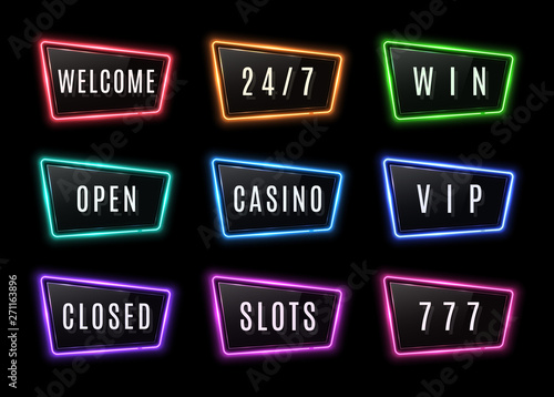Colorful neon signs collection with glossy plastic plate. Electric led or halogen lamp borders set with text welcome open closed casino slots win 777 vip. 80s style technology vector illustration.