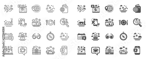 Travel line icons. Passport, Luggage, Check in airport icons. Airplane flight, Sunglasses, Hotel building. Passport check in document, Sea diving. Restaurant hotel food, luggage travel. Vector