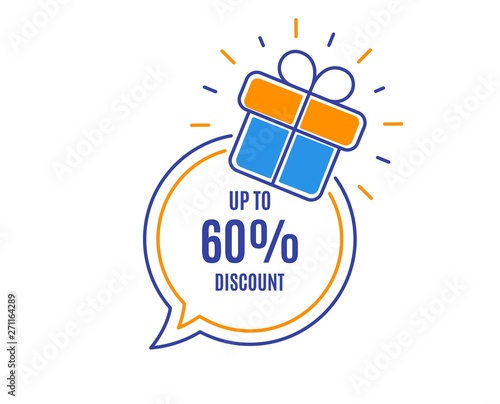 Up to 60% Discount. Sale offer price sign. Special offer symbol. Save 60 percentages. Loyalty sale tag. Speech bubble banner. Gift box badge. Vector