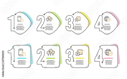 Like, Checkbox and Hold smartphone icons simple set. World statistics sign. Social media likes, Survey choice, Phone call. Global report. Technology set. Infographic timeline. Line like icon. Vector