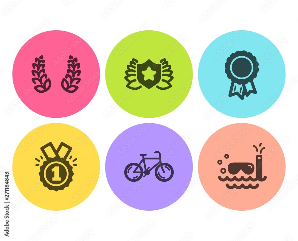 Approved, Laureate and Success icons simple set. Laurel wreath, Bicycle and Scuba diving signs. Winner badge, Award shield. Sports set. Flat approved icon. Circle button. Vector Approved, Laureate and Success icons simple set. Laurel wreath, Bicycle and Scuba diving signs. Winner badge, Award shield. Sports set. Flat approved icon. Circle button. Vector