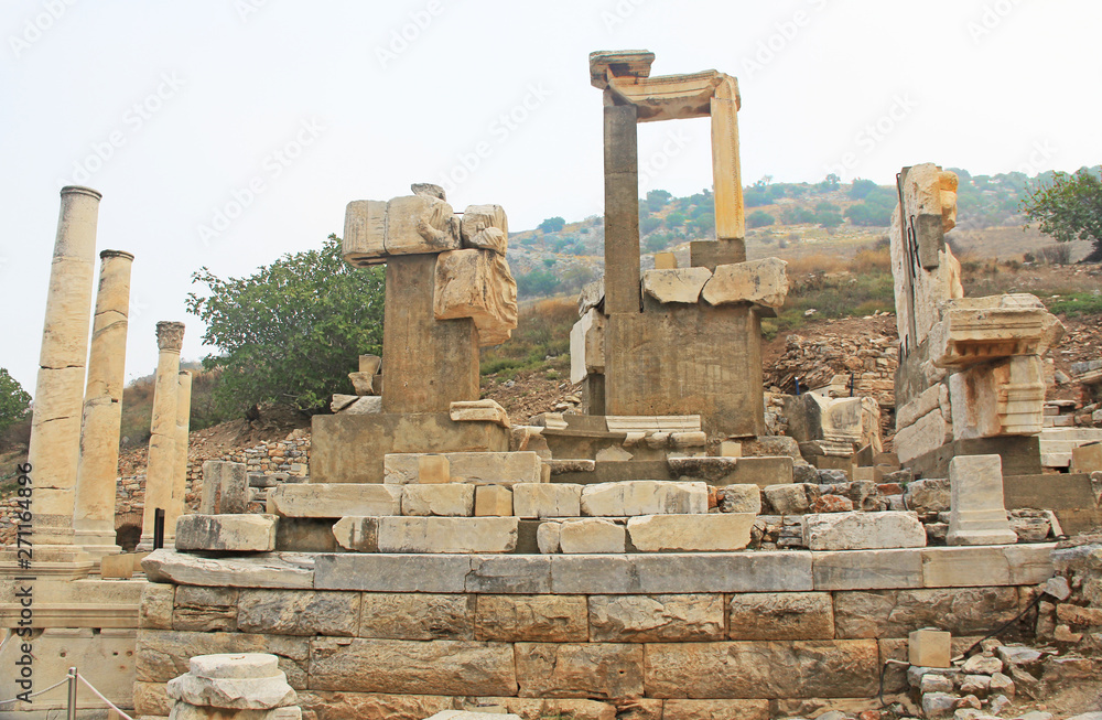 Monumental Gateway of Memmius situated in the corner of the Domitian square, along the Curetes Road in the ancient city ruins of Ephesus, Turkey near Selcuk.