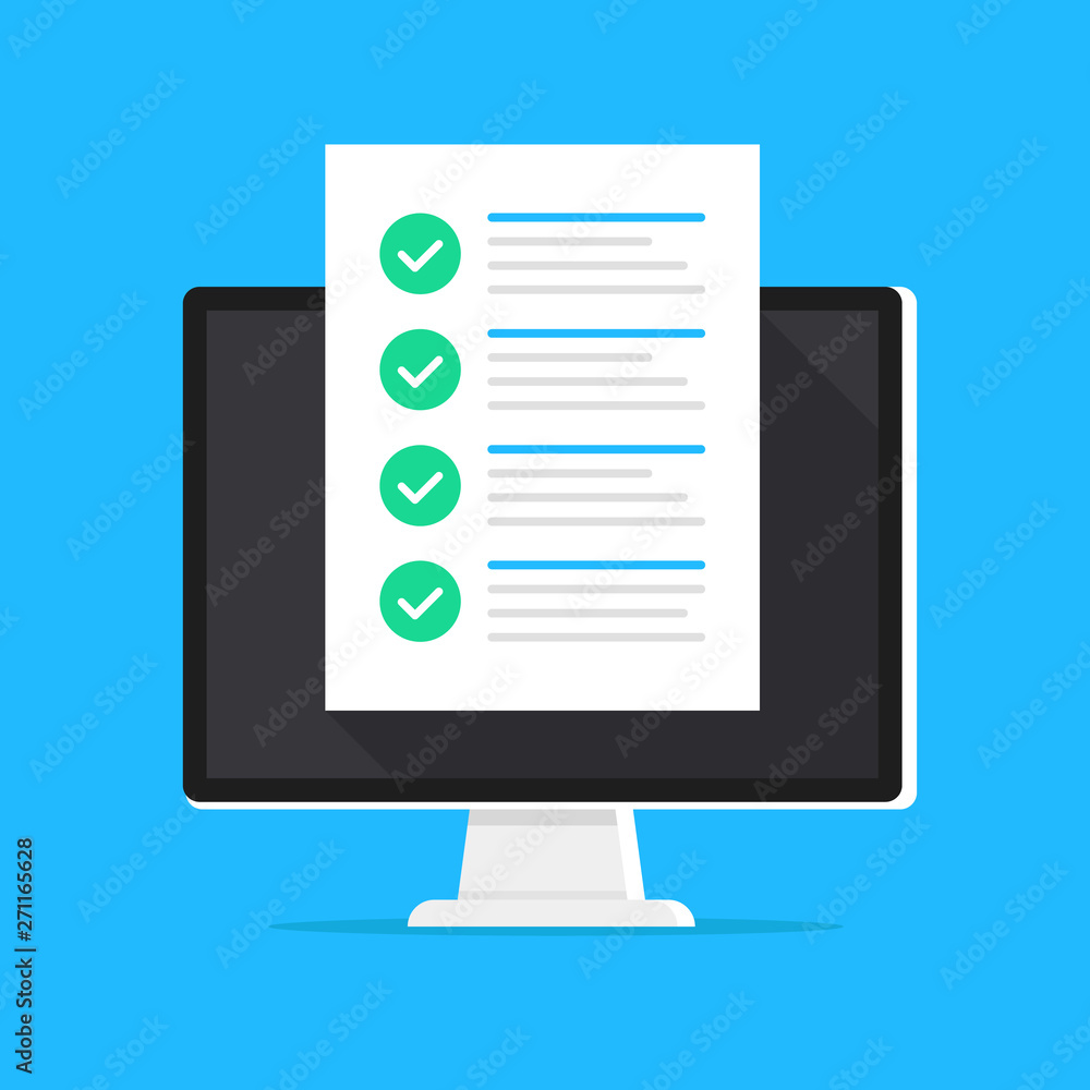 Online survey, form, checklist on computer screen. Vector illustration. Flat design. Questionnaire, online form concepts Online survey, form, checklist on computer screen. Vector illustration. Flat design. Questionnaire, online form concepts