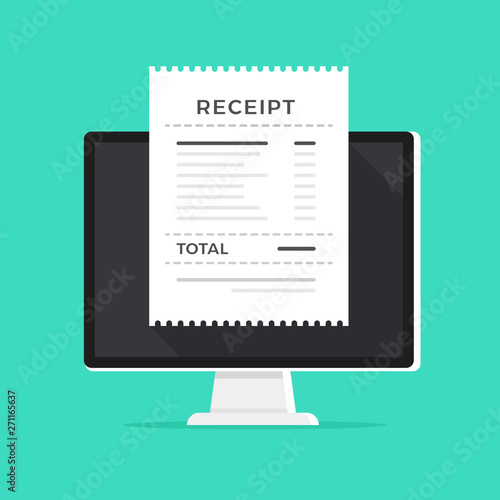 Receipt on computer screen. Vector illustration. Flat design. Digital invoice, online payment, electronic bill concepts