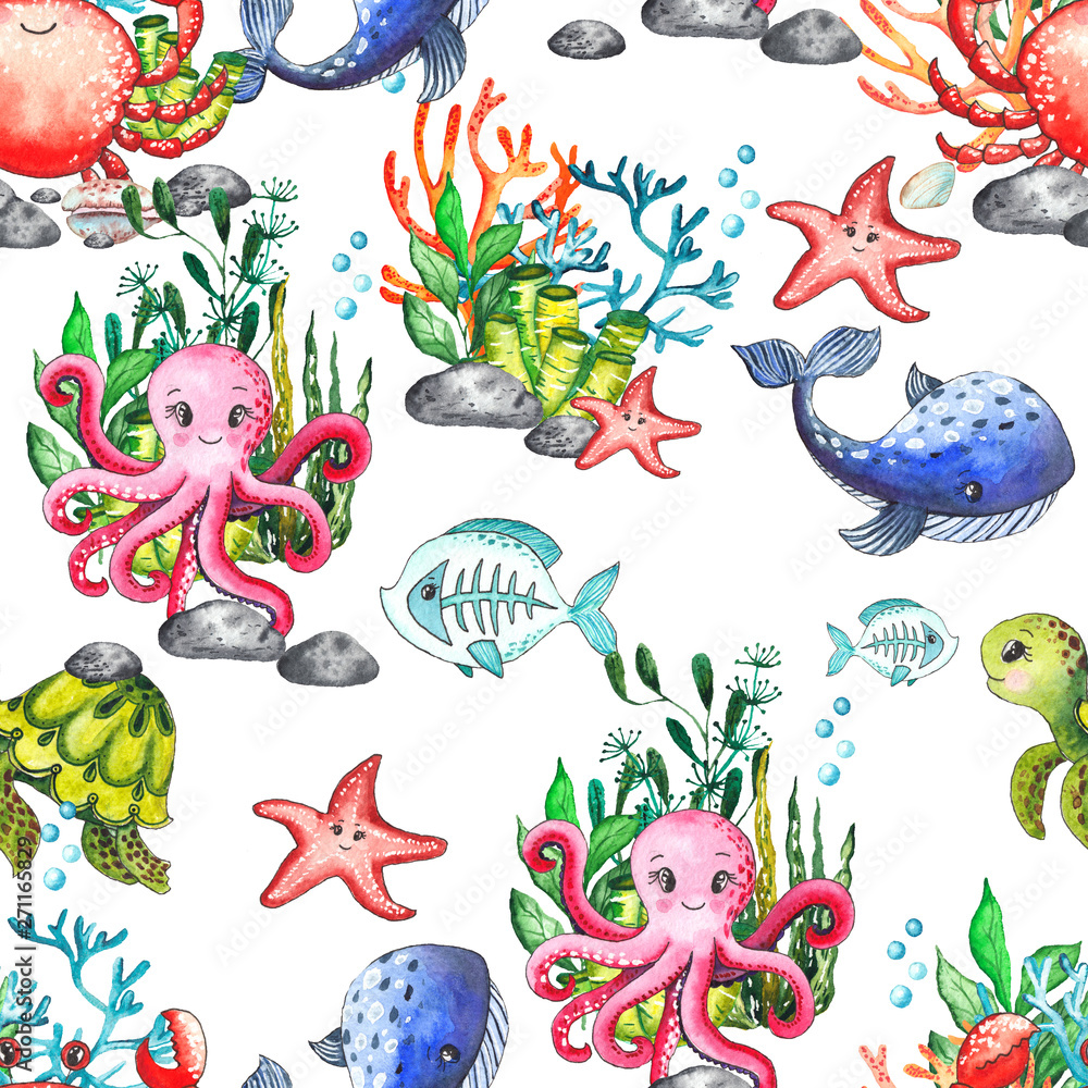 Obraz premium Watercolor children's seamless patterns with underwater creatures: whale, turtle, crab, octopus, starfish, narwhal, jellyfish, seaweed, corals, shells for baby shower, shirt design, invitations