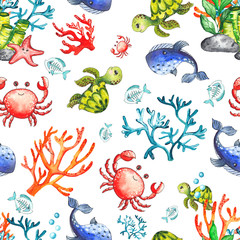 Fototapete Meerestiere-Kindermuster Aquarell Unterwasserwelt Krake Qualle Krabbe  © Анна Егорова