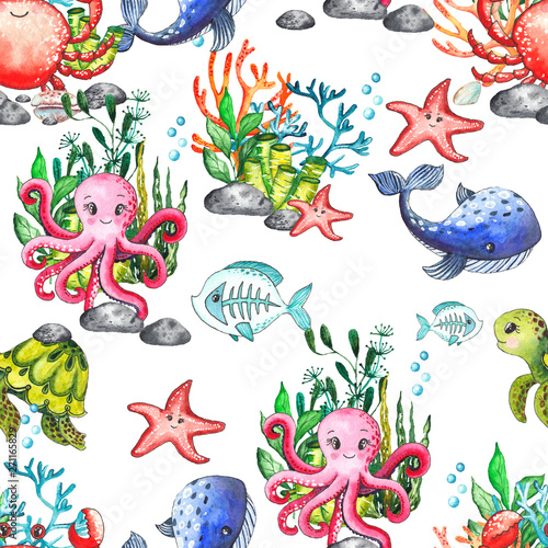 Watercolor children's seamless patterns with underwater creatures: whale, turtle, crab, octopus, starfish, narwhal, jellyfish, seaweed, corals, shells for baby shower, shirt design, invitations