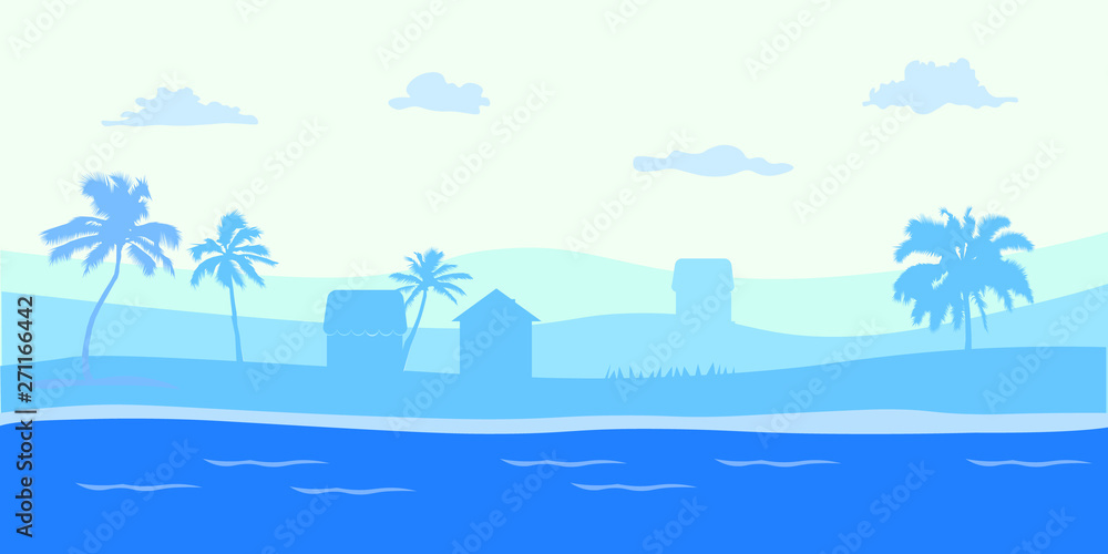 Panorama view Tropical seascape of blue ocean and coconut palm tree on island, ,Panoramic Sea beach and sand with blue sky,Vector illustration landscape seaside for Summer holiday