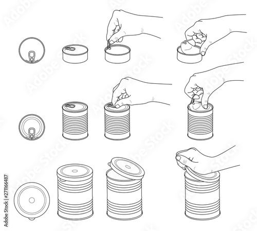 Hand collection. Hands open tin cans